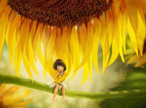 Lille pige der sidder under en stor blomst