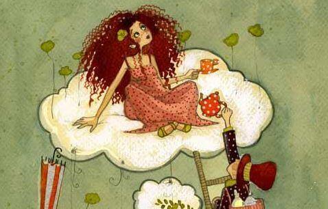 Kvinde med stort haar paa en sky