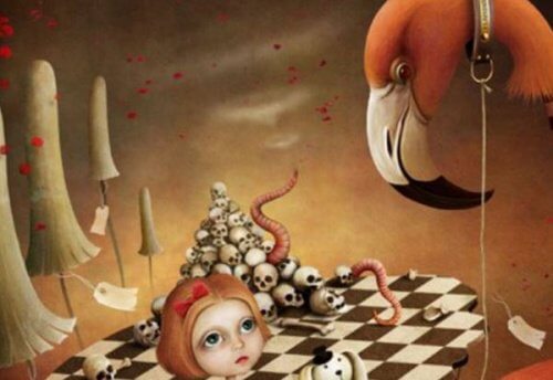 En tegning med kranier og et dukkehoved