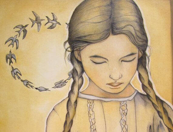 Trist lille pige med fugle