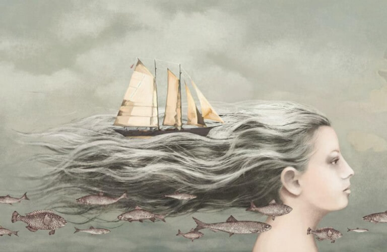 Kvinde med vildt haar og en sejlbaad