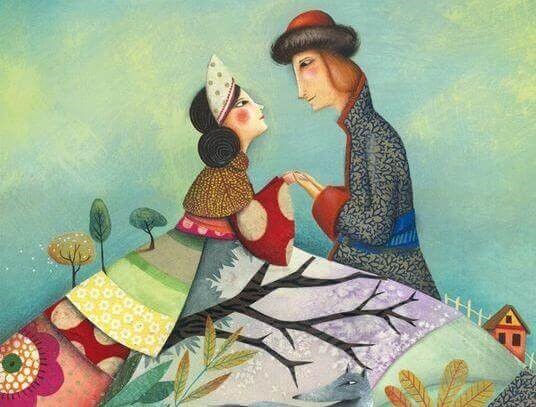 To personer der holder haand og stirrer hinanden i oejnene