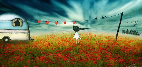 Pige der haenger hjerter op paa en toejsnor