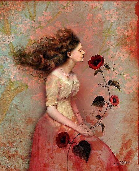 Kvinde der sidder med en lan rosenblomst