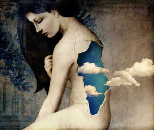 Billede af kvinde der har hul i ryggen og skyer der kommer ud