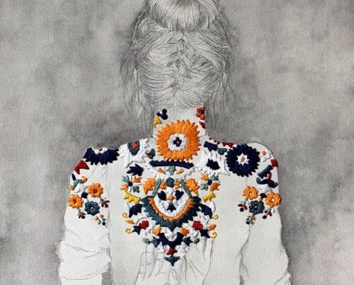 Maleri med kvinde der har en jakke