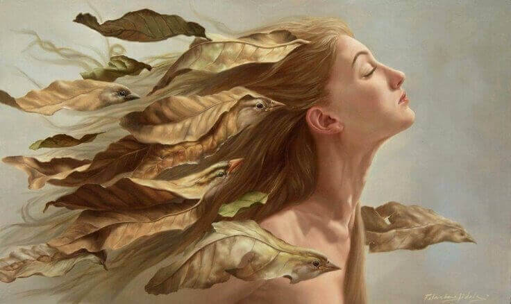 Kvinde og blade og fugle