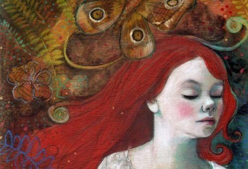 Malleri af pige med roedt haar - gaa fra det hele