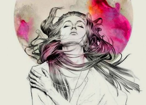 Tegning af kvinde med planet bagved