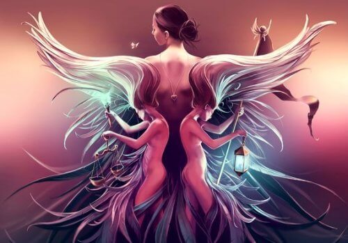 Tegning af kvinde med to andre kvinders haar som vinger