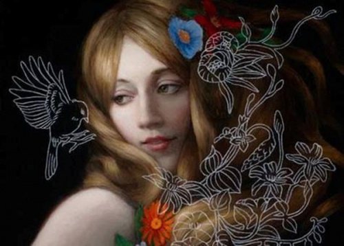 Ung kvinde med fugl tegnet