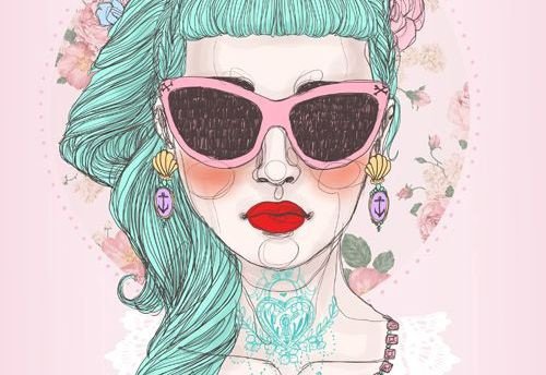Tegning af kvinde med groent haar og store solbriller