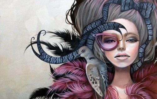 Tegning af kvinde med en fugl