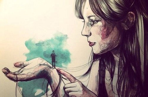 Pige med lille man paa sin haand