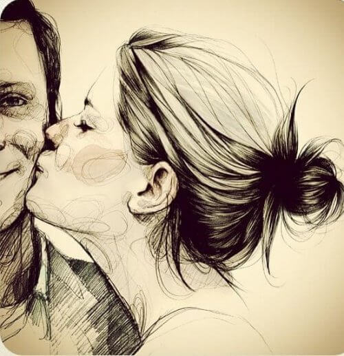 Tegning af en kvinde der kysser en mand