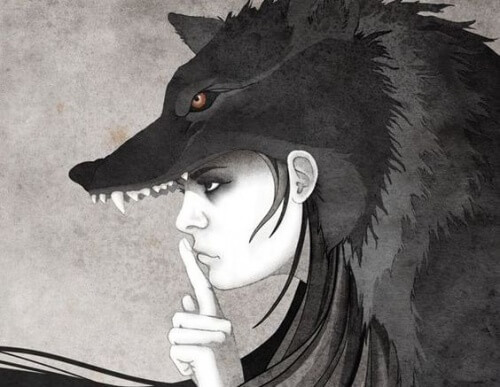 Kvinde med en ulv paa hovedet