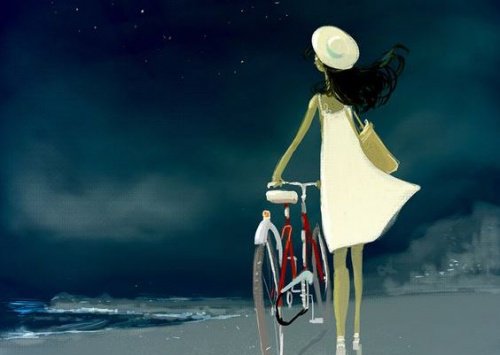 Kvinde der gaar med sin cykel - vaere aerlig
