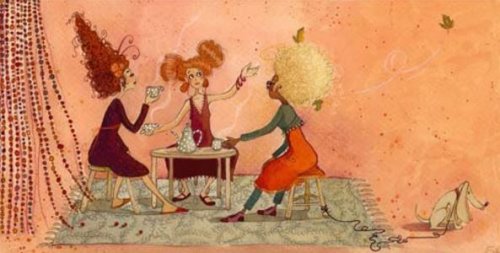 Tre kvinder drikker te