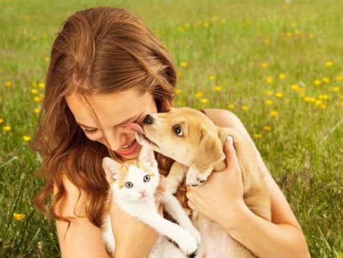 Kvinde der sidder med en kat og en hund