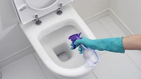 Person rengør toilet med hvid eddike.