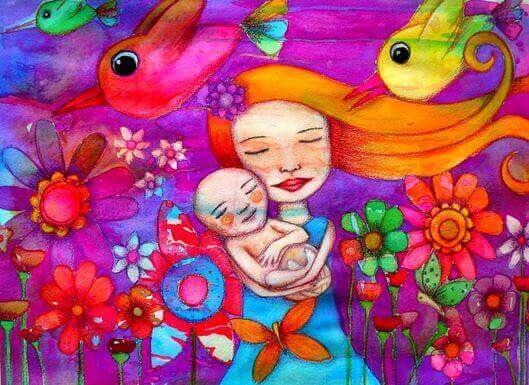 illustration af mor og barn med blomster og fugle
