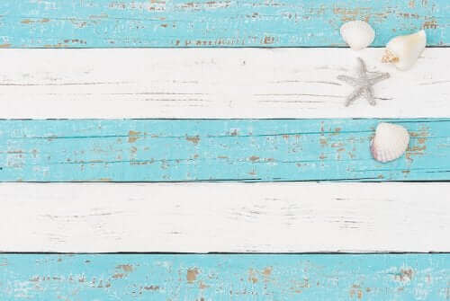 Blå og hvide træpaneler illustrerer nautisk indretning