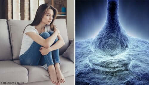 Deprimeret kvinde i sofa og illustrering af effekten af sertralin