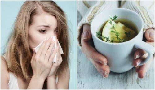 Kvinde nyser og person holder kop med te