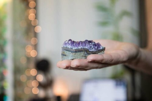 Person holder lilla sten i hånden