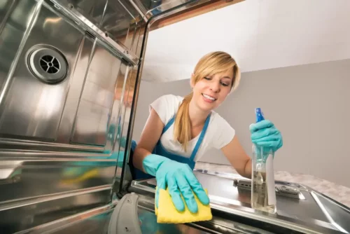 Kvinde rengør sin opvaskemaskine