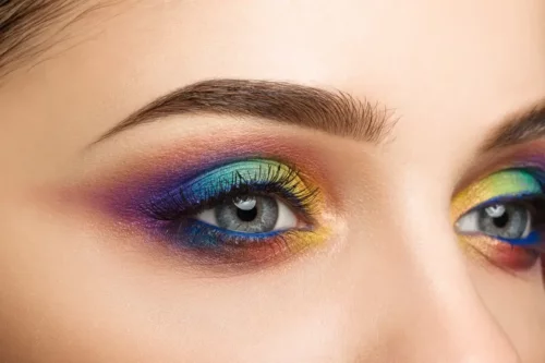 Kvinde med farverig øjenmakeup er ikke bange for bivirkninger ved kosmetik