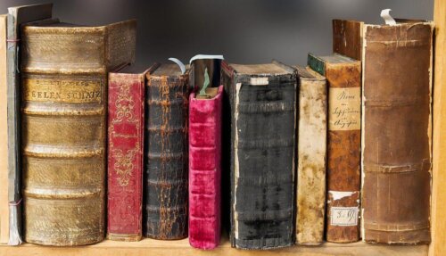 Gamle bøger i reol repræsenterer tsundoku