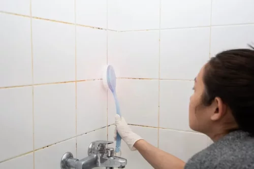 Kvinde rengør et badeværelse