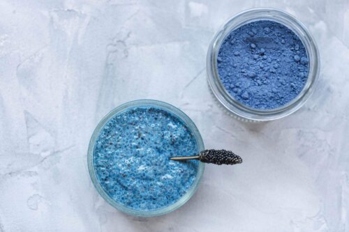 Chiagrød lavet med blå spirulina