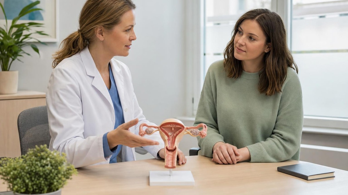 Læge forklarer endometriose med en anatomisk model under en konsultation med en patient